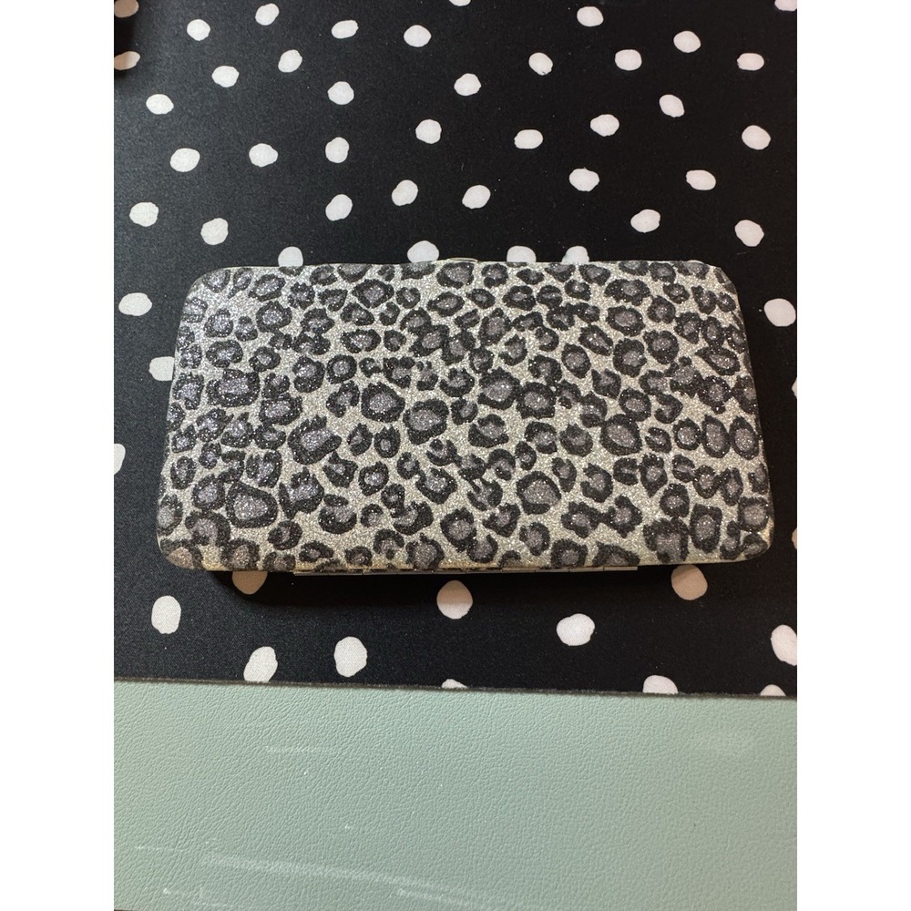 Black Gray Silver Sparkling Leopard Print Hard Wallet Hinged Thin Hinged